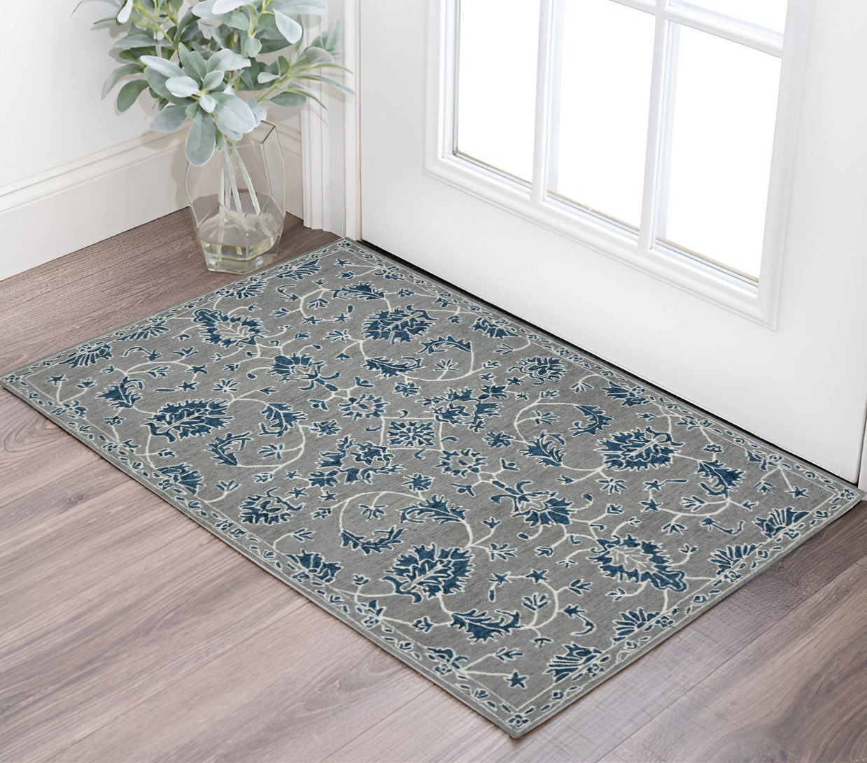 2 X 3 Gray Blue And Ivory Wool Floral Medallion Hand Hooked Area Rug