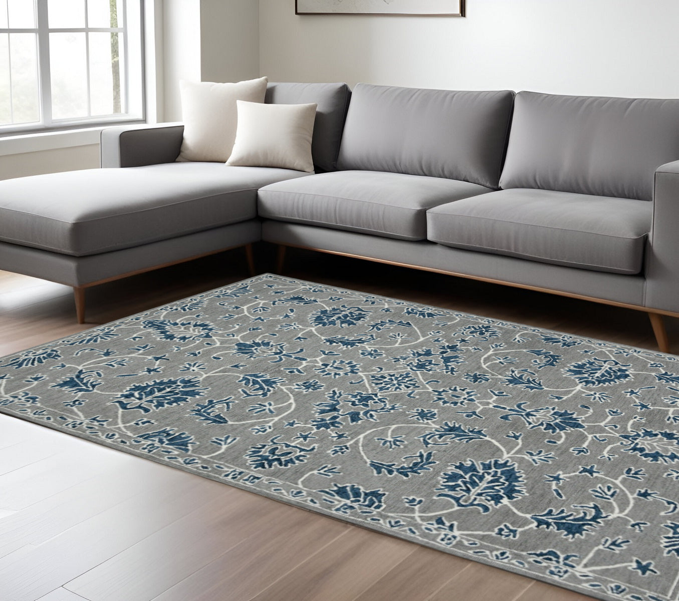 9 X 13 Gray Blue And Ivory Wool Floral Medallion Hand Hooked Area Rug