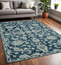 5 X 8 Teal Gray And Ivory Wool Floral Medallion Hand Hooked Area Rug