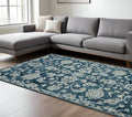 8 X 10 Teal Gray And Ivory Wool Floral Medallion Hand Hooked Area Rug