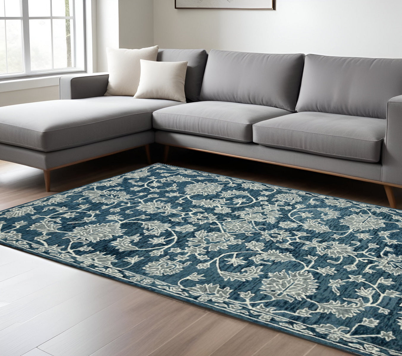8 X 10 Teal Gray And Ivory Wool Floral Medallion Hand Hooked Area Rug