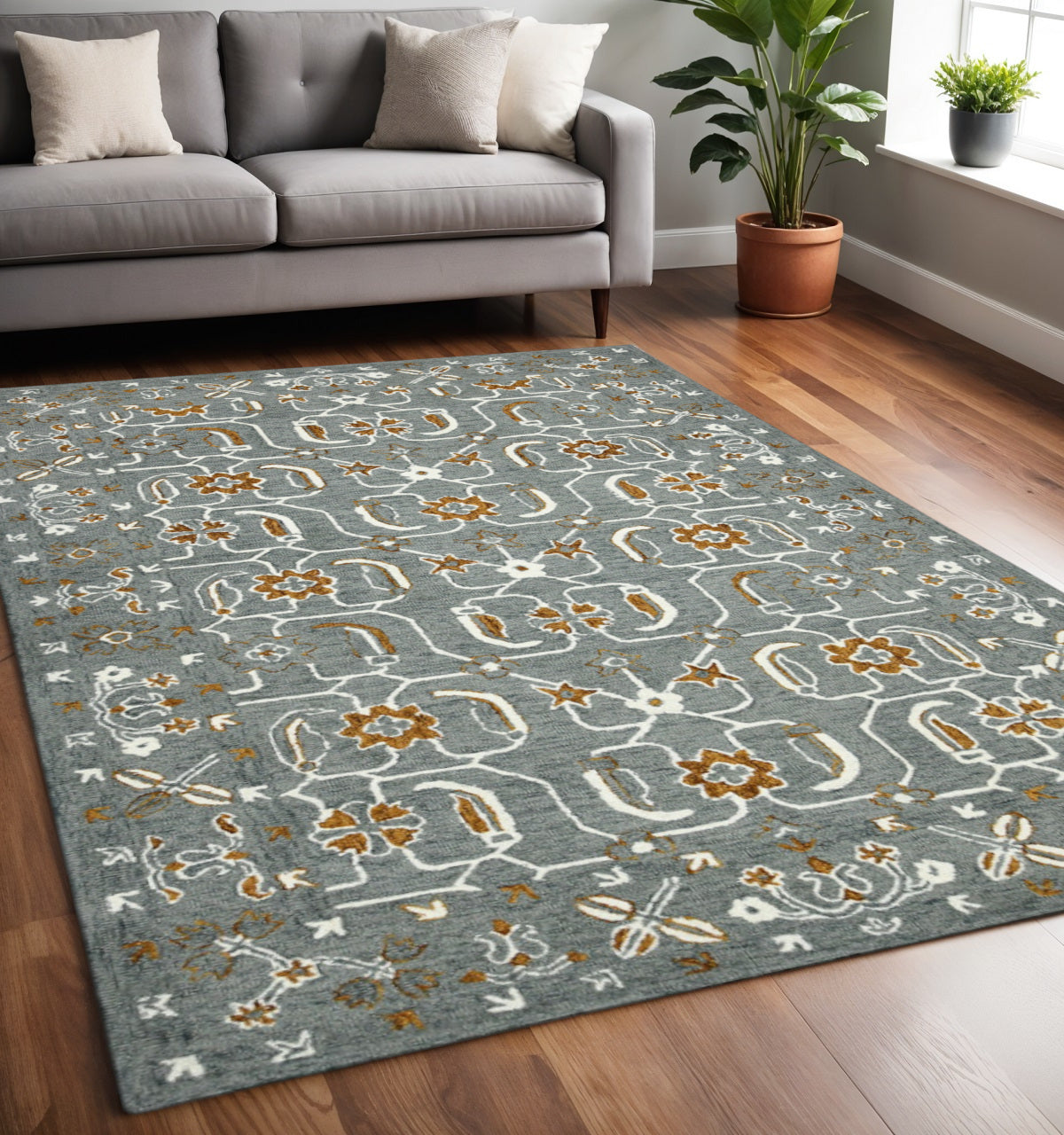 5 X 8 Orange Gray And Ivory Wool Floral Medallion Hand Hooked Area Rug