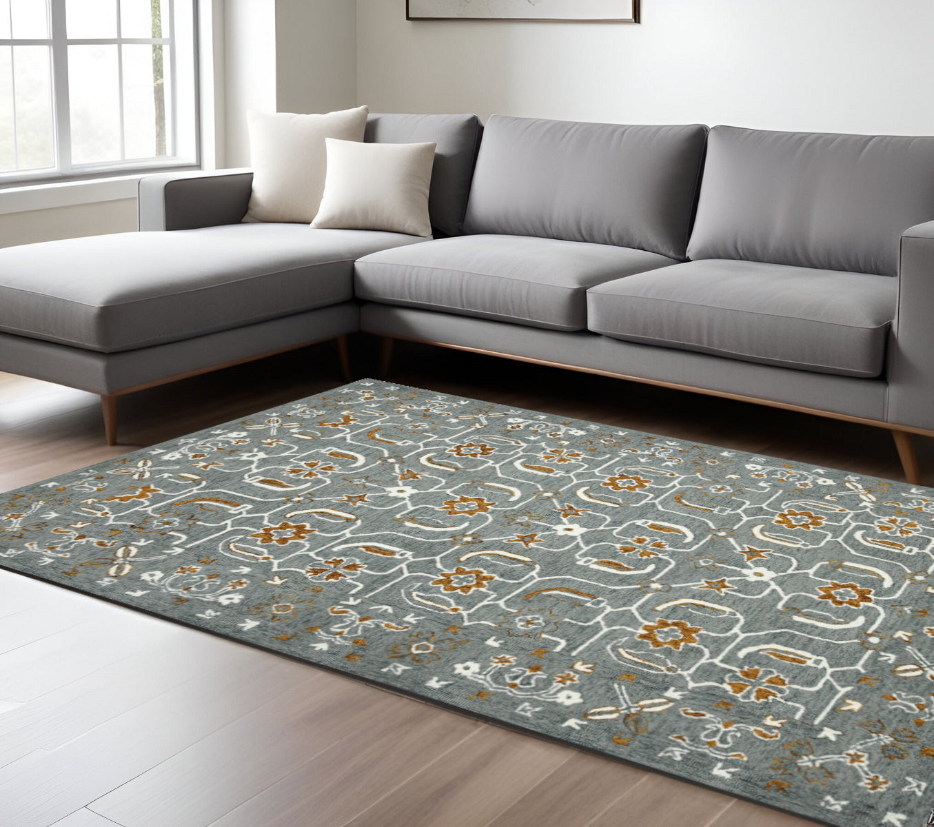 9 X 13 Orange Gray And Ivory Wool Floral Medallion Hand Hooked Area Rug