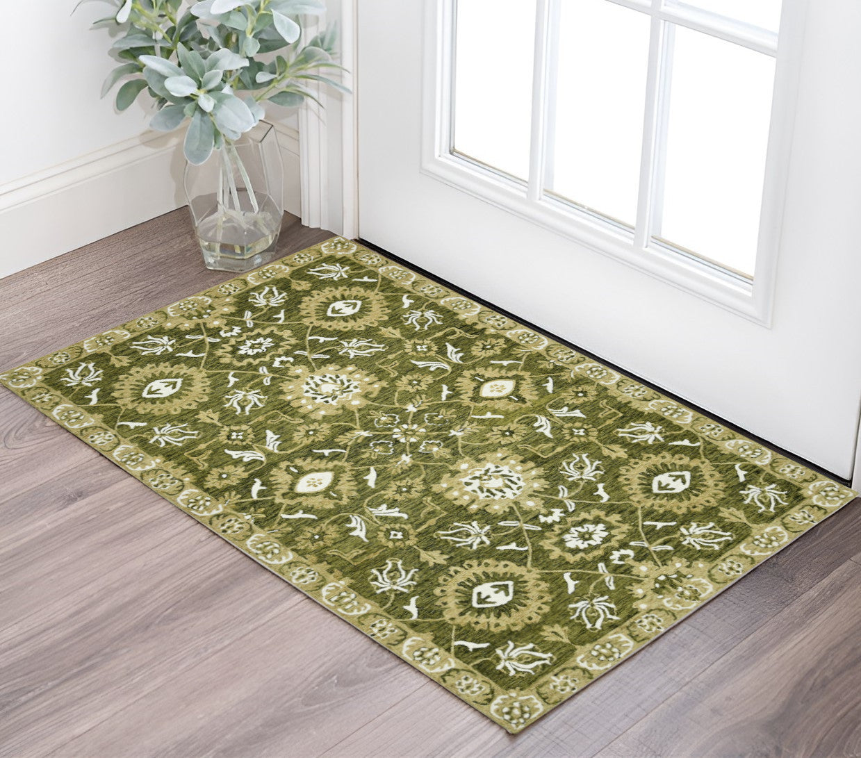 2 X 3 Olive Green Ivory And Light Brown Wool Floral Medallion Hand Hooked Area Rug