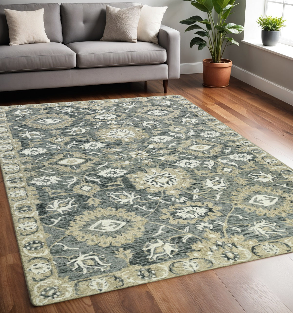 5 X 8 Gray Ivory And Beige Wool Floral Medallion Hand Hooked Area Rug
