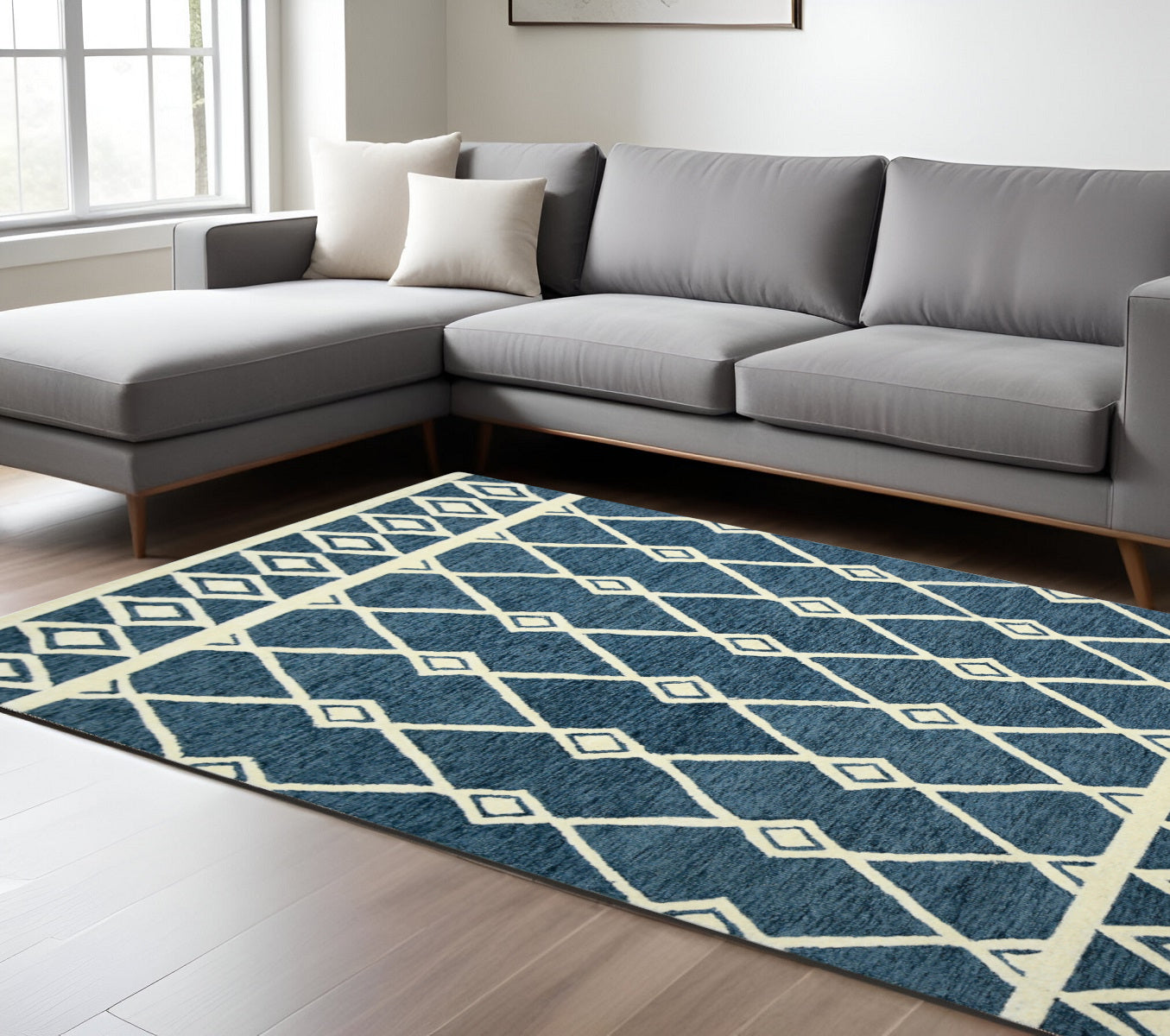 9 X 13 Blue And Ivory Wool Argyle Hand Hooked Area Rug