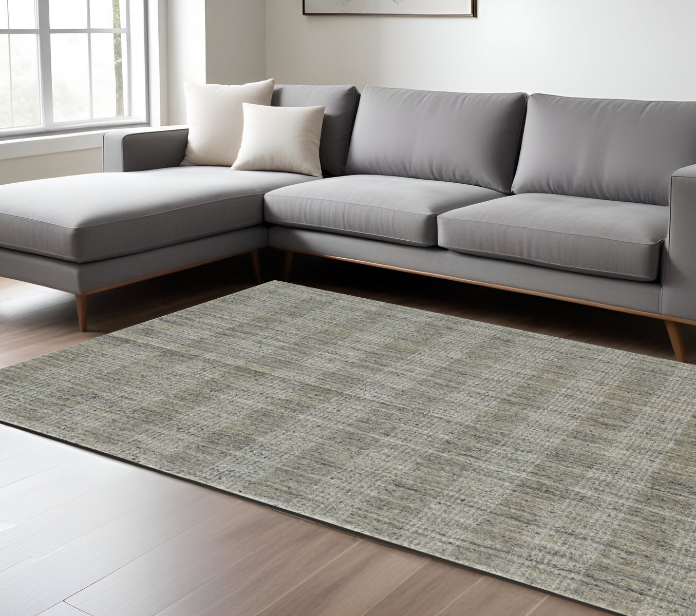 8 X 10 Gray And Beige Wool Plaid Hand Woven Area Rug