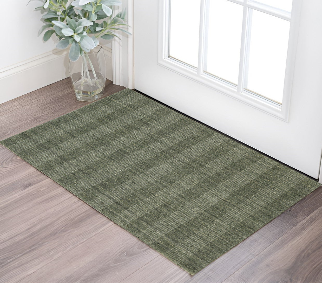2 X 3 Green Gray And Ivory Wool Plaid Hand Woven Area Rug