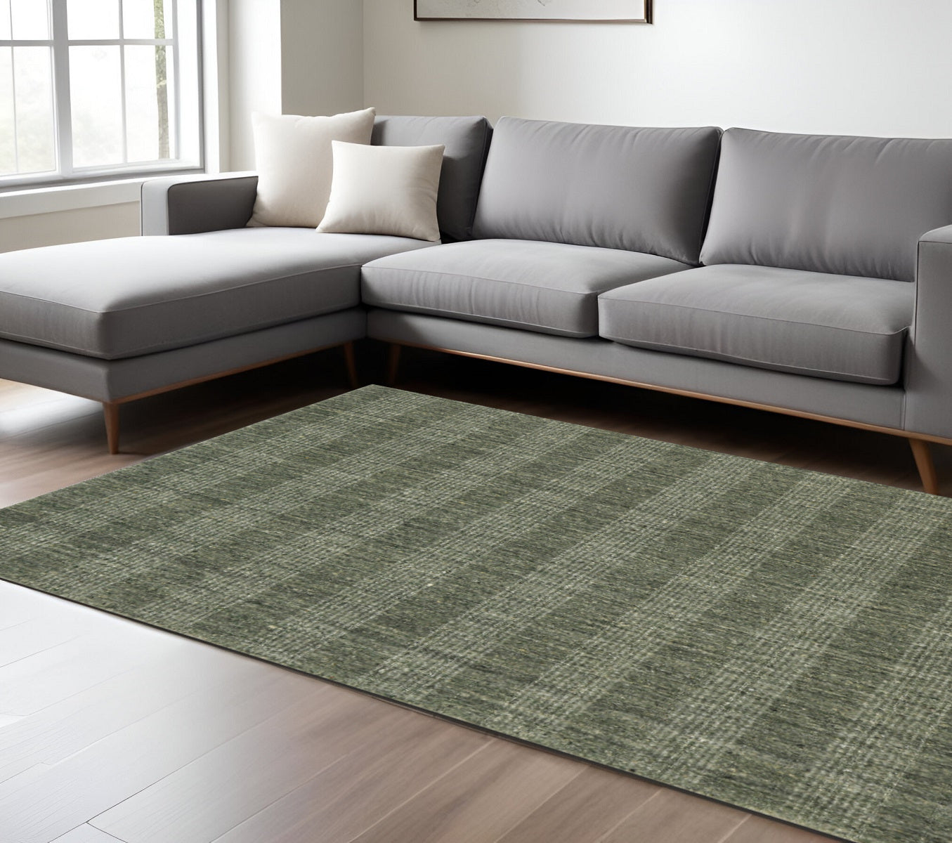 10 X 14 Green Gray And Ivory Wool Plaid Hand Woven Area Rug