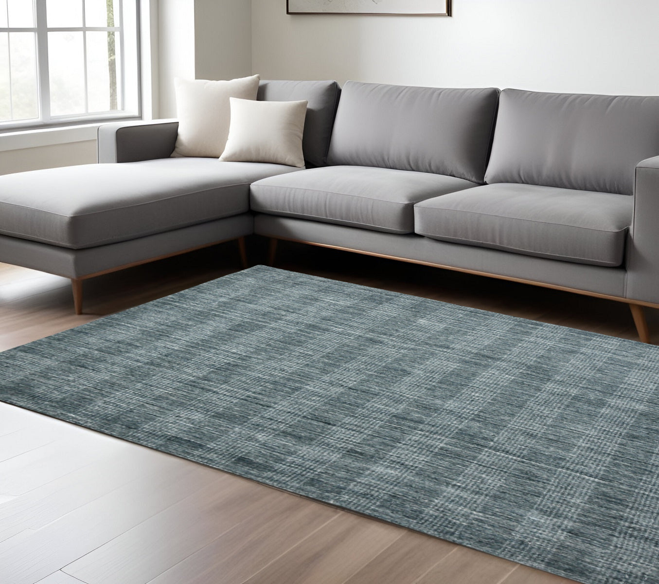 10 X 14 Blue And Ivory Wool Plaid Hand Woven Area Rug