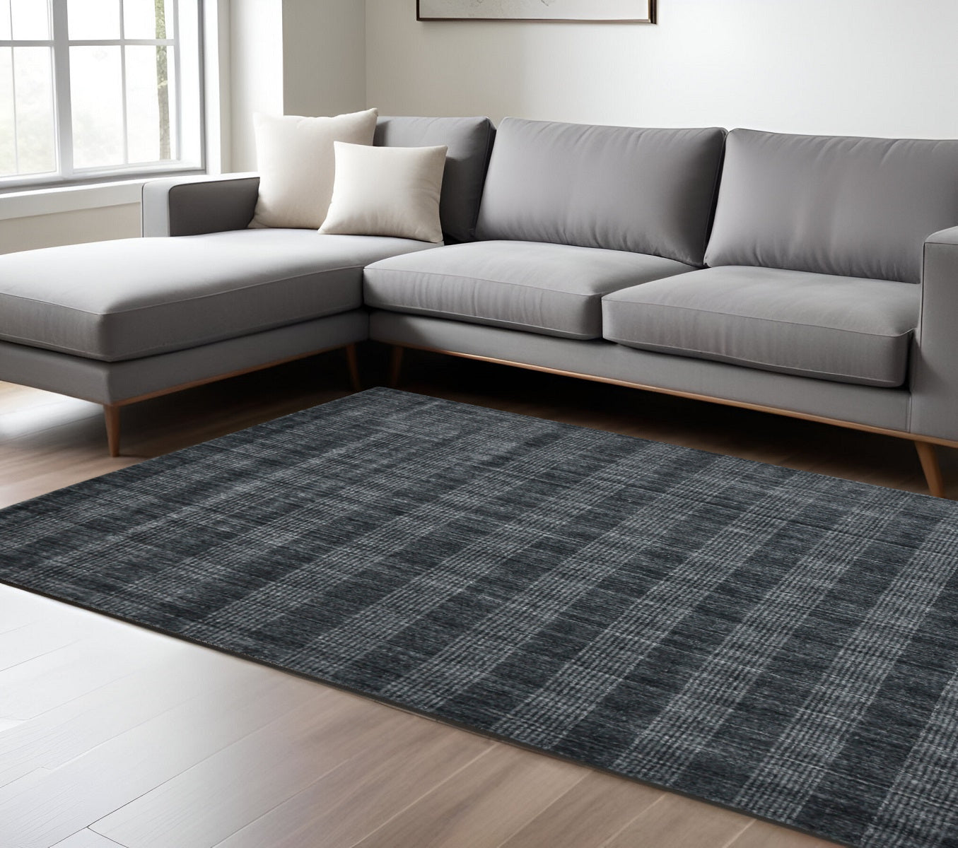 10 X 14 Charcoal And Gray Wool Plaid Hand Woven Area Rug