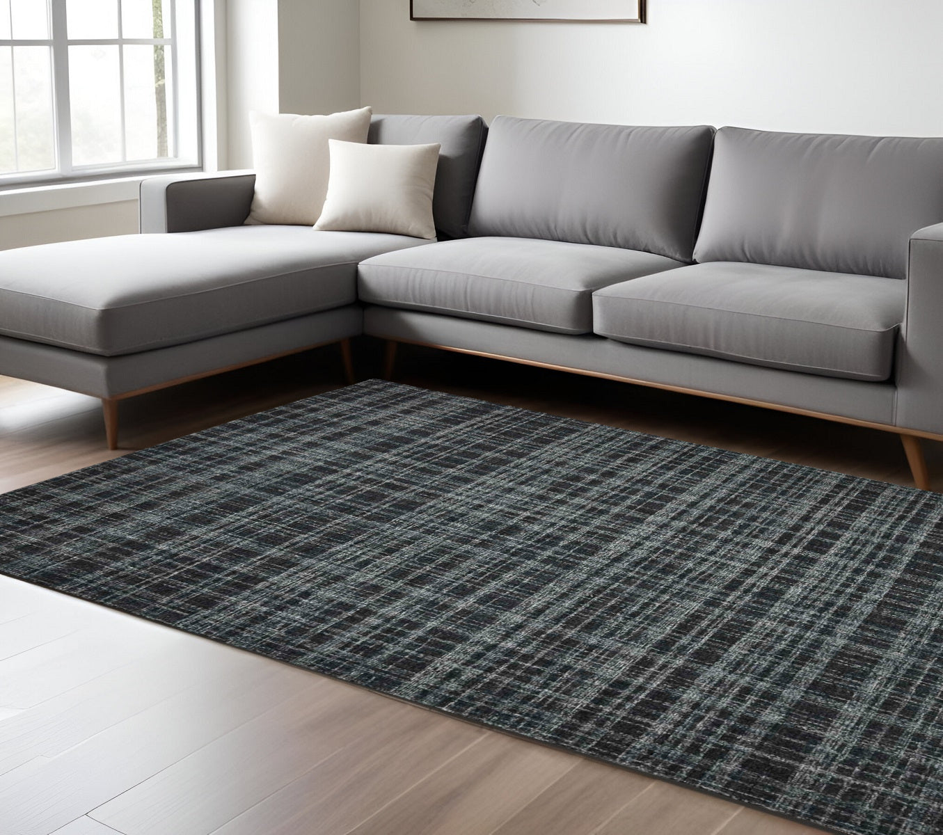 9 X 12 Black Ivory And Charcoal Wool Plaid Hand Tufted Area Rug