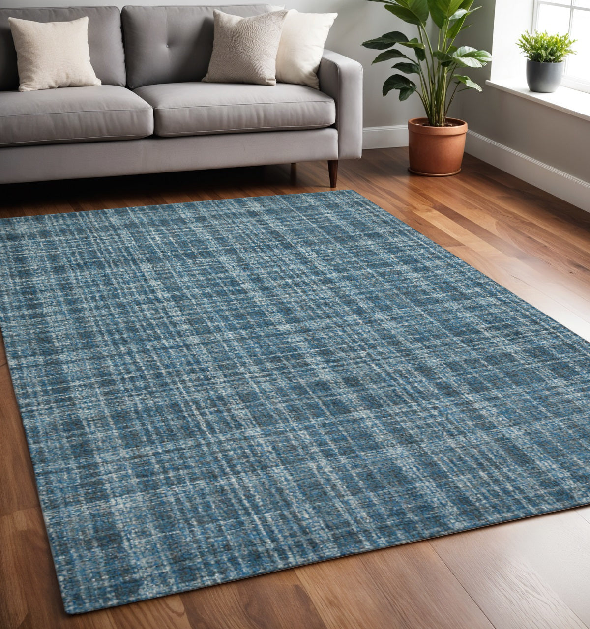 5 X 7 Turquoise Gray And Ivory Wool Plaid Hand Tufted Area Rug
