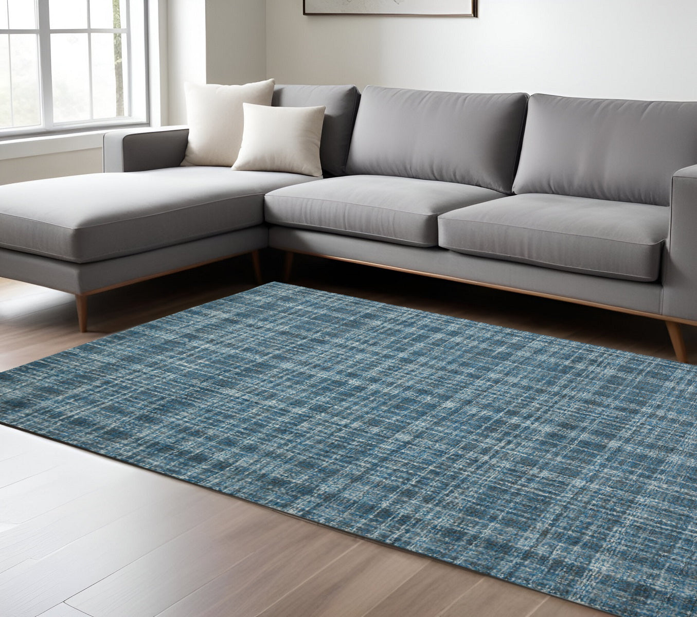 9 X 12 Turquoise Gray And Ivory Wool Plaid Hand Tufted Area Rug