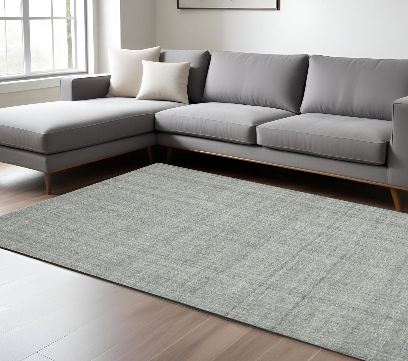 9 X 12 Gray Blue And Ivory Wool Plaid Hand Tufted Area Rug