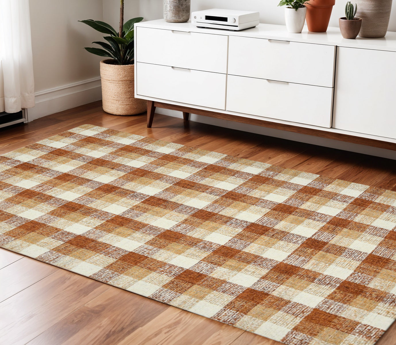 4 X 6 Orange Beige And Brick Red Wool Plaid Hand Tufted Area Rug