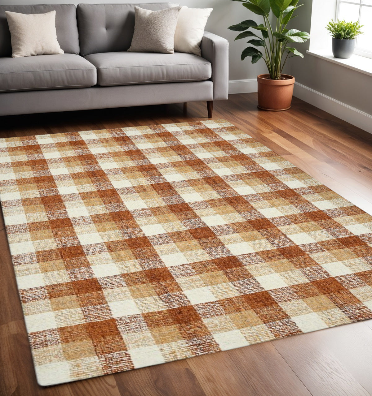 5 X 7 Orange Beige And Brick Red Wool Plaid Hand Tufted Area Rug