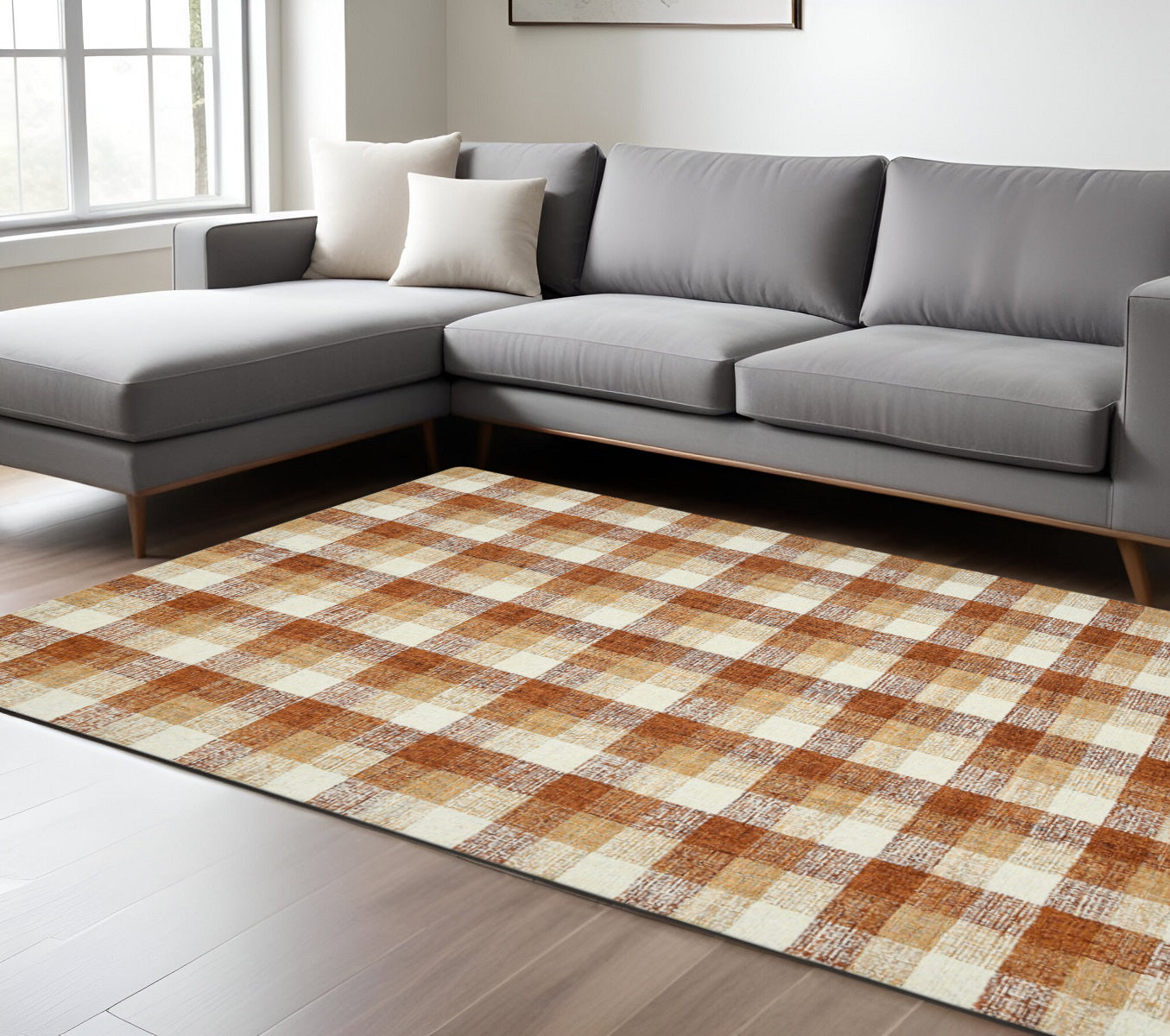 9 X 13 Orange Beige And Brick Red Wool Plaid Hand Tufted Area Rug