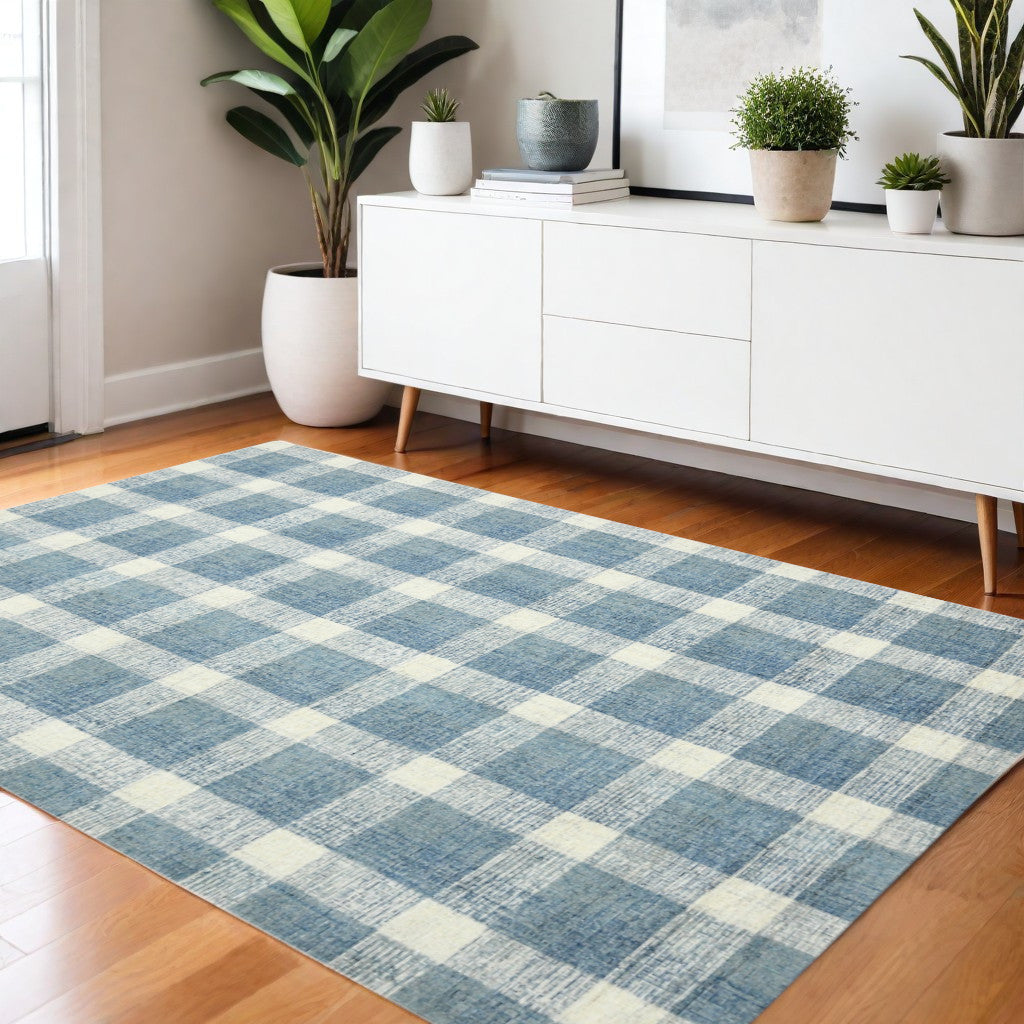 4 X 6 Blue And Ivory Wool Plaid Hand Tufted Area Rug