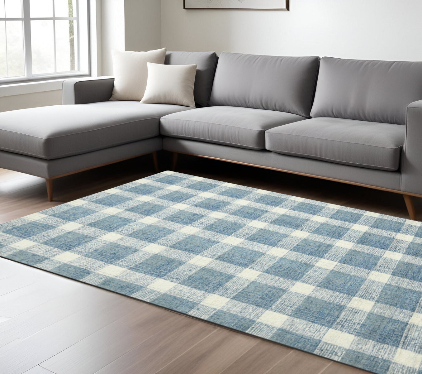 8 X 10 Blue And Ivory Wool Plaid Hand Tufted Area Rug