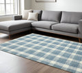 9 X 13 Blue And Ivory Wool Plaid Hand Tufted Area Rug