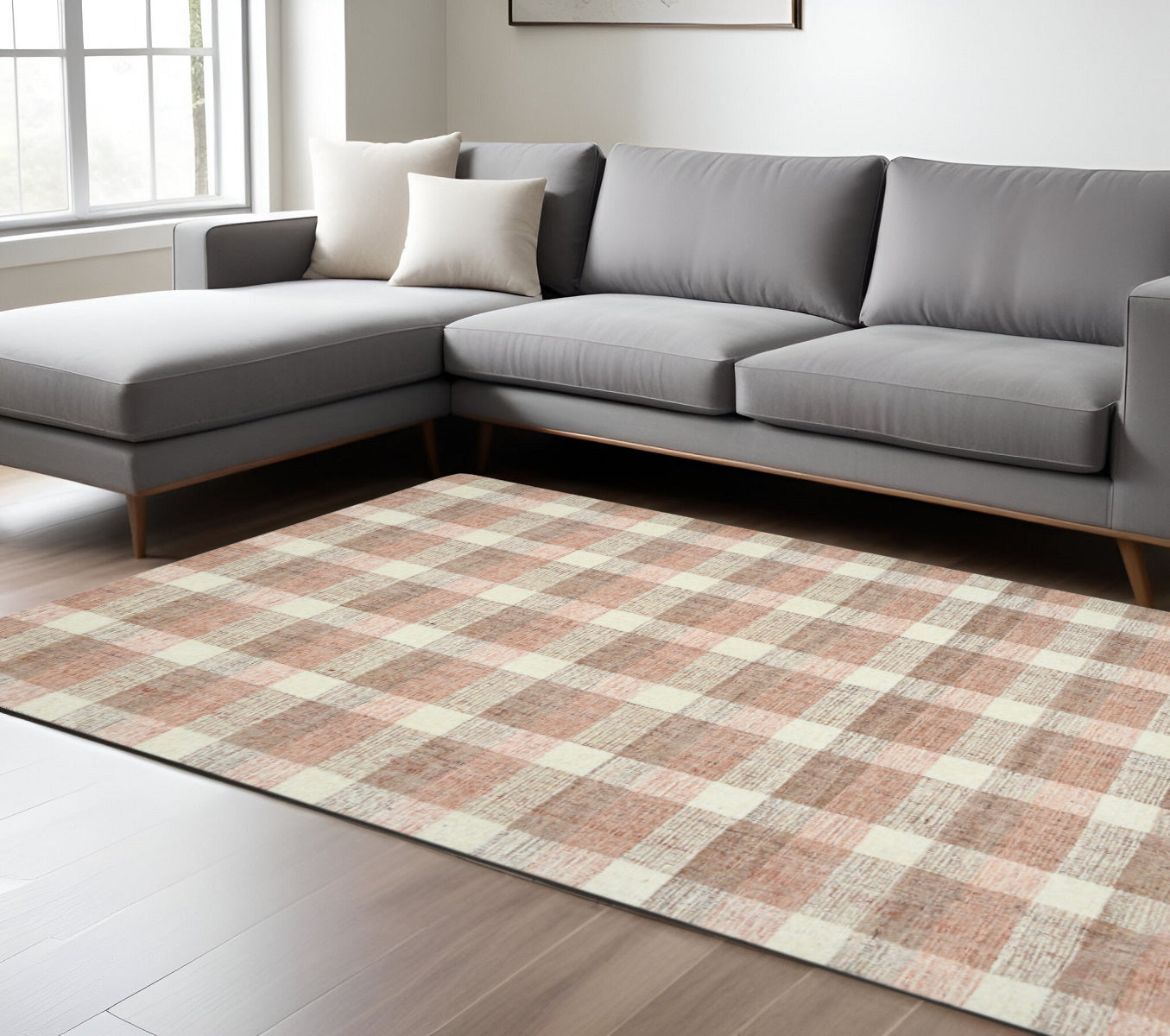 9 X 13 Pink And Ivory Wool Plaid Hand Tufted Area Rug