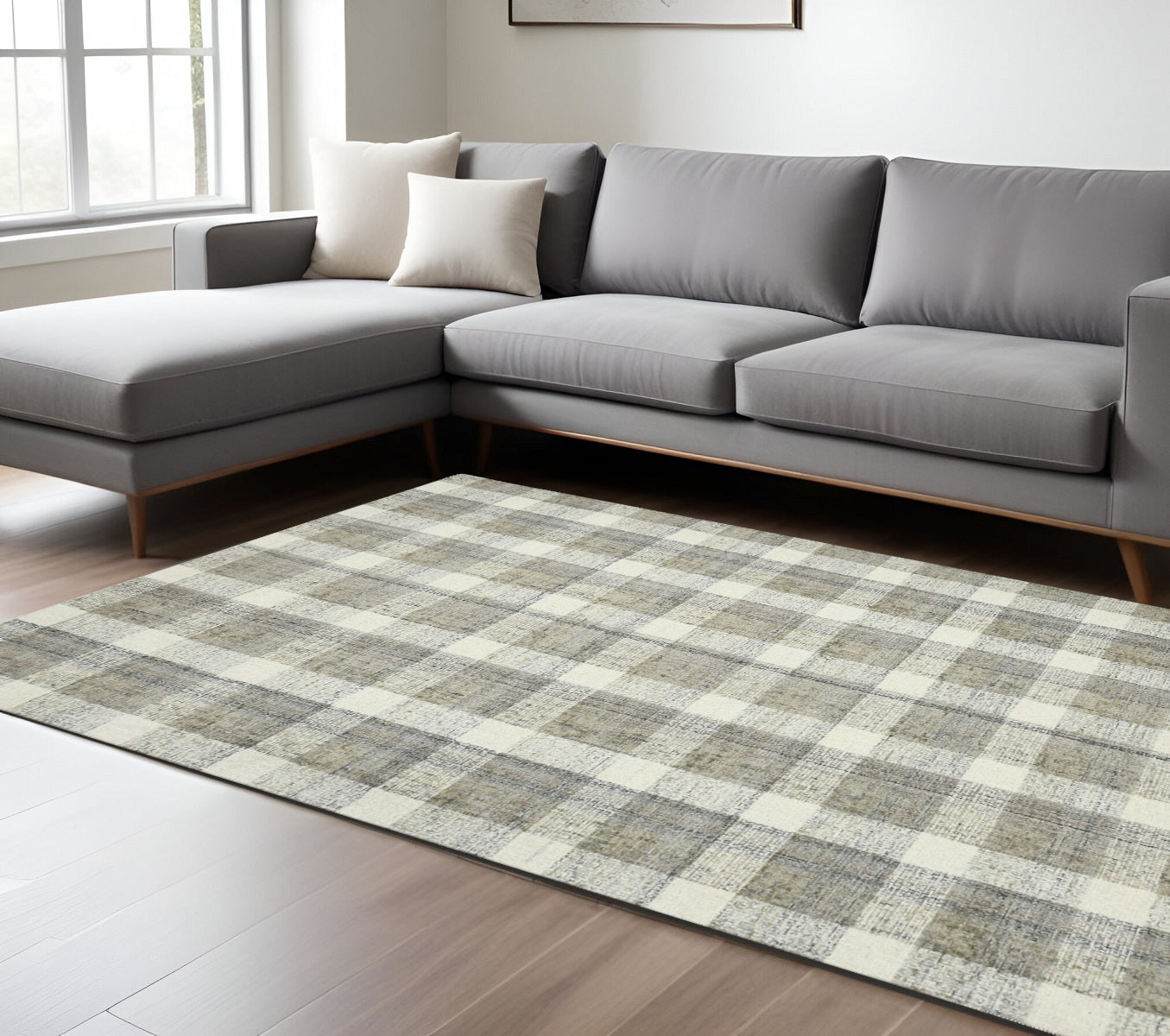 8 X 10 Gray And Ivory Wool Plaid Hand Tufted Area Rug