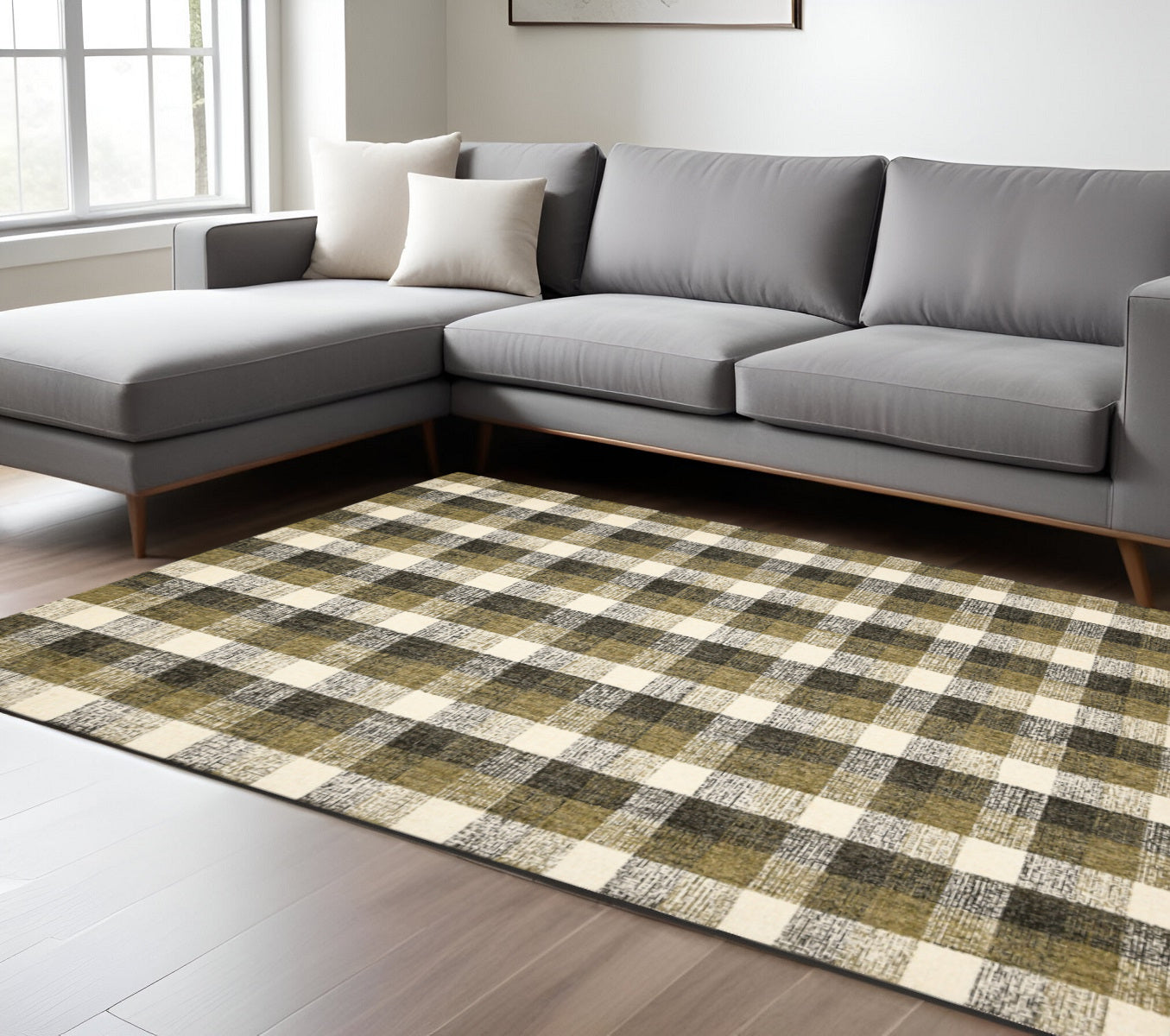 8 X 10 Charcoal Khaki And Ivory Wool Plaid Hand Tufted Area Rug
