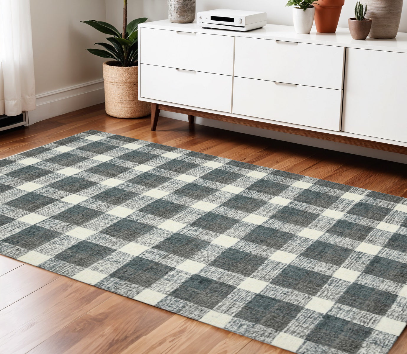 4 X 6 Dark Gray And Ivory Wool Plaid Hand Tufted Area Rug