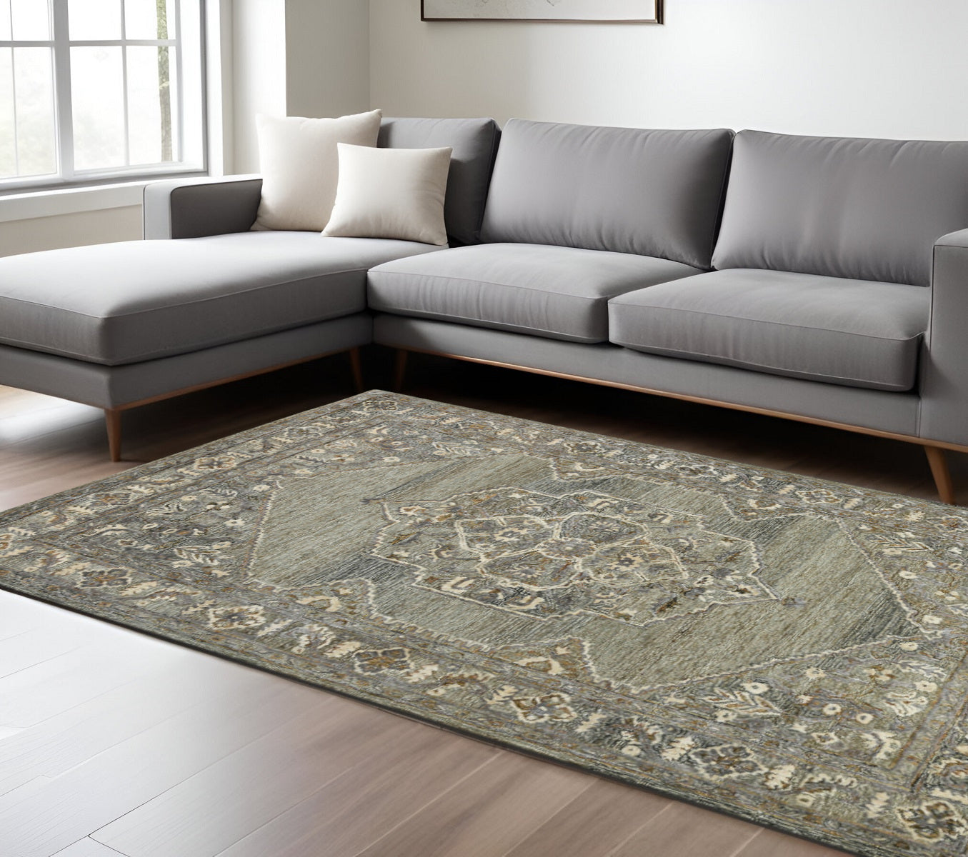 9 X 13 Ivory Brown And Gray Wool Oriental Hand Tufted Area Rug