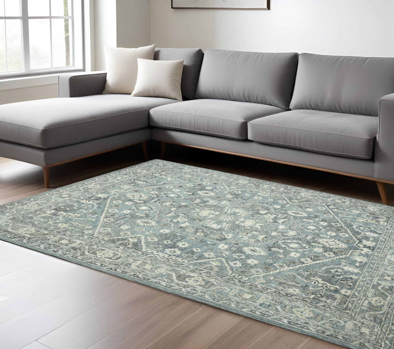 9 X 13 Sky Blue Gray And Ivory Wool Oriental Hand Tufted Area Rug