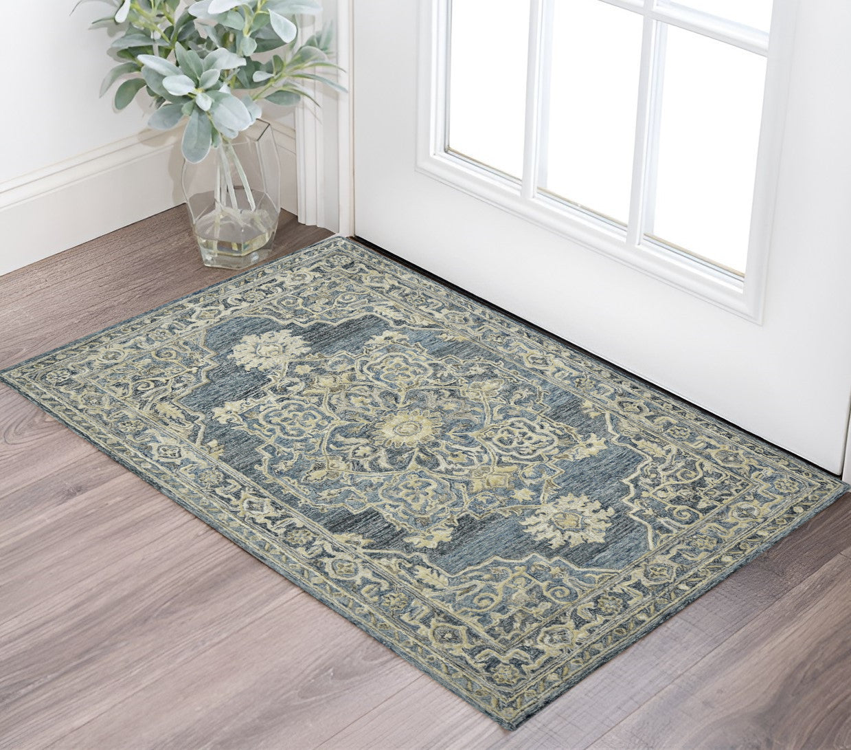 2 X 3 Denim Blue And Ivory Wool Oriental Hand Tufted Area Rug