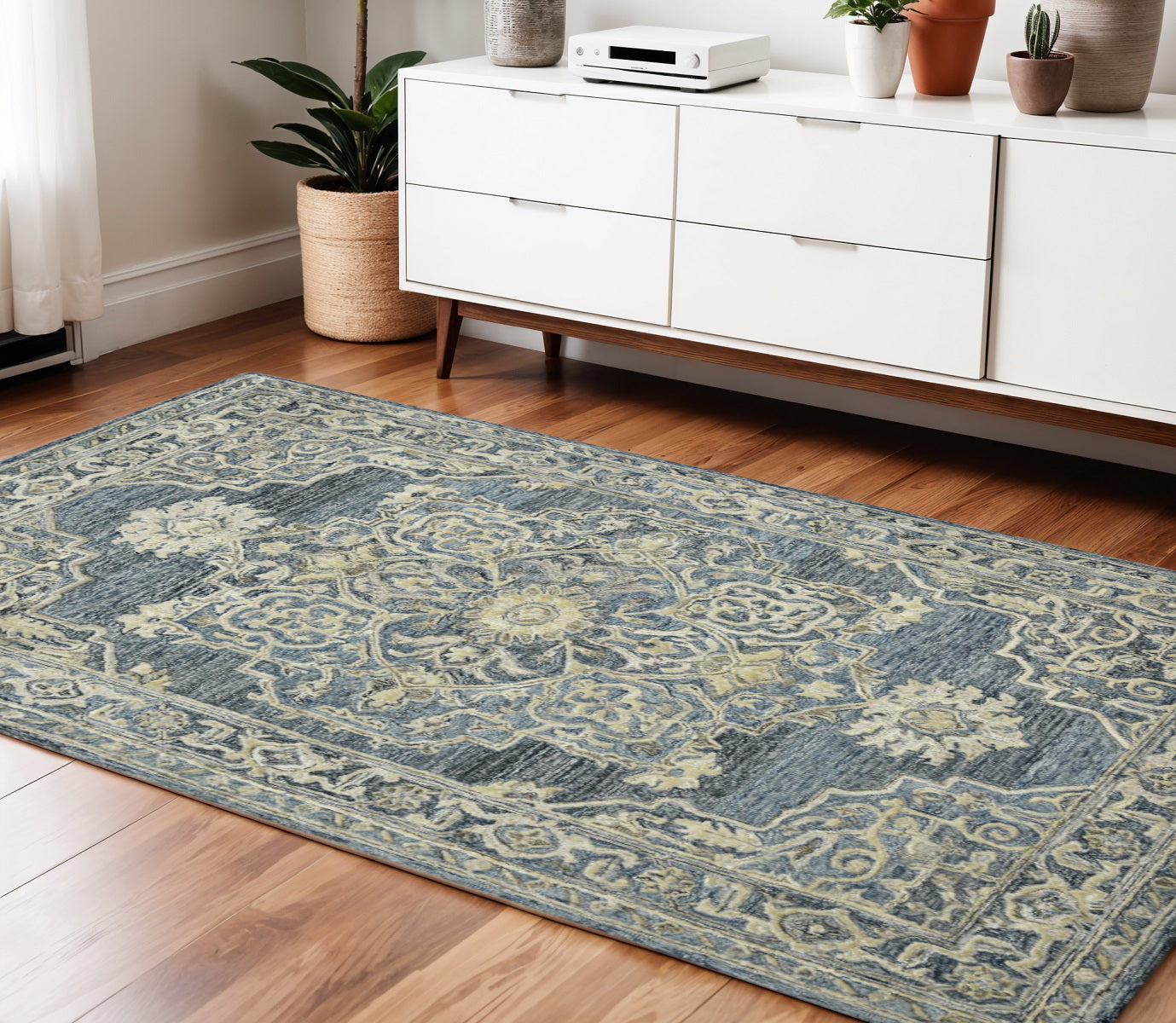 4 X 6 Denim Blue And Ivory Wool Oriental Hand Tufted Area Rug