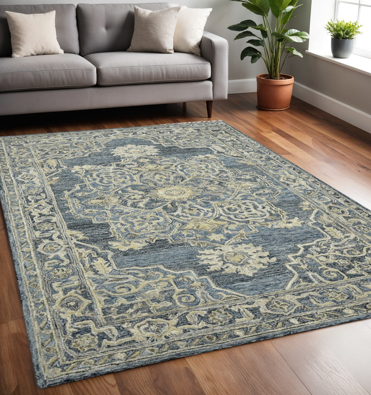 5 X 7 Denim Blue And Ivory Wool Oriental Hand Tufted Area Rug