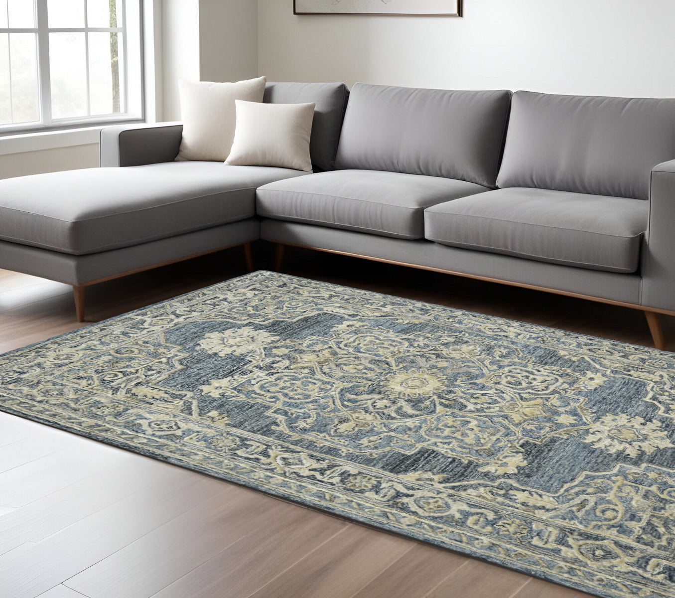 8 X 10 Denim Blue And Ivory Wool Oriental Hand Tufted Area Rug