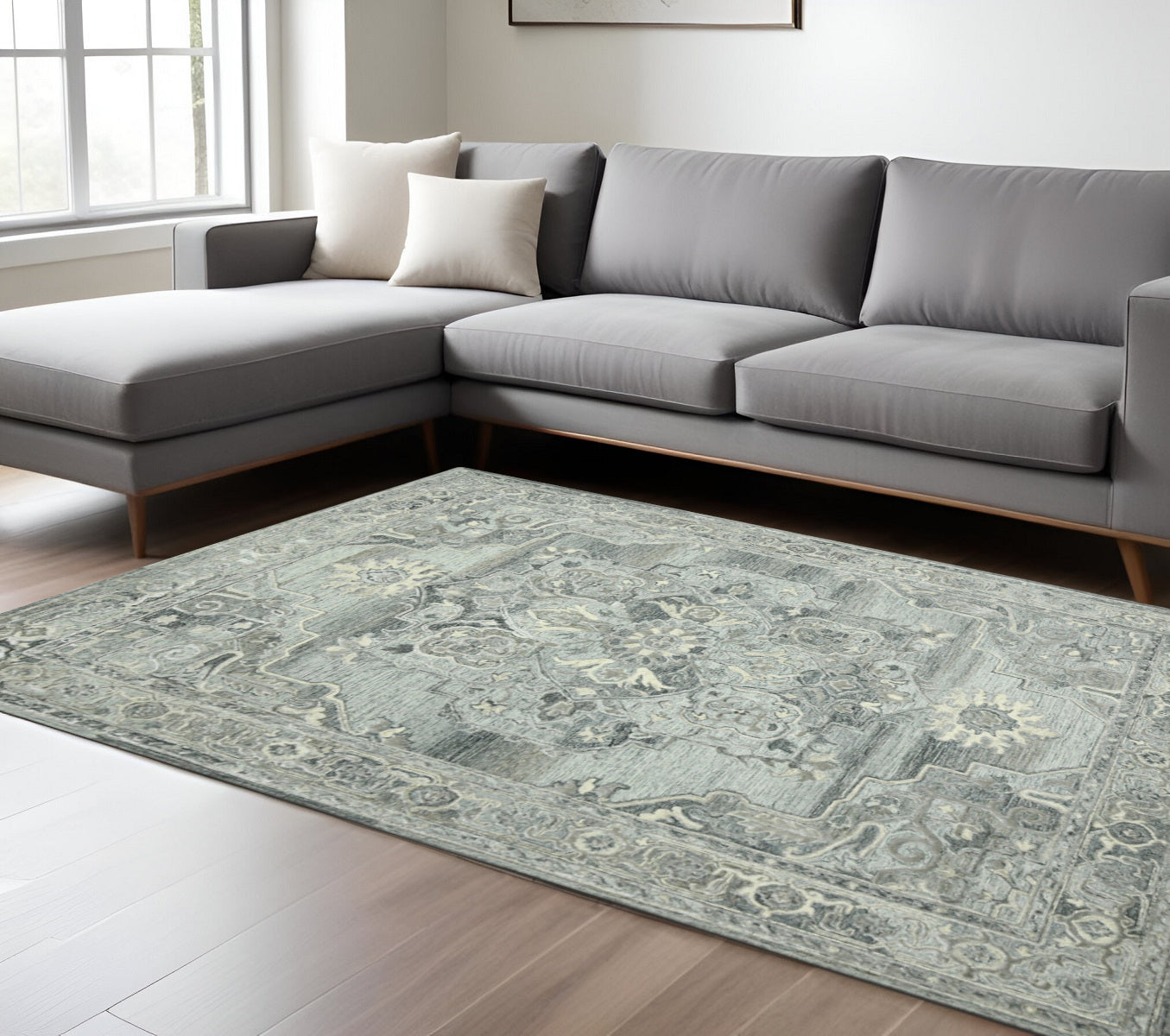9 X 13 Gray Ivory And Light Blue Wool Oriental Hand Tufted Area Rug