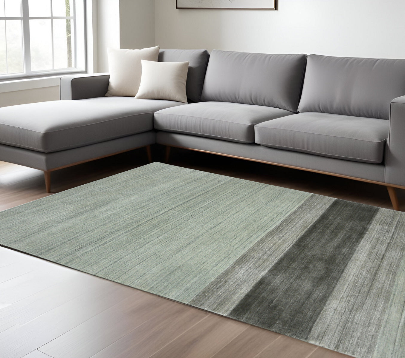 8 X 10 Gray And Light Green Wool Striped Hand Woven Area Rug