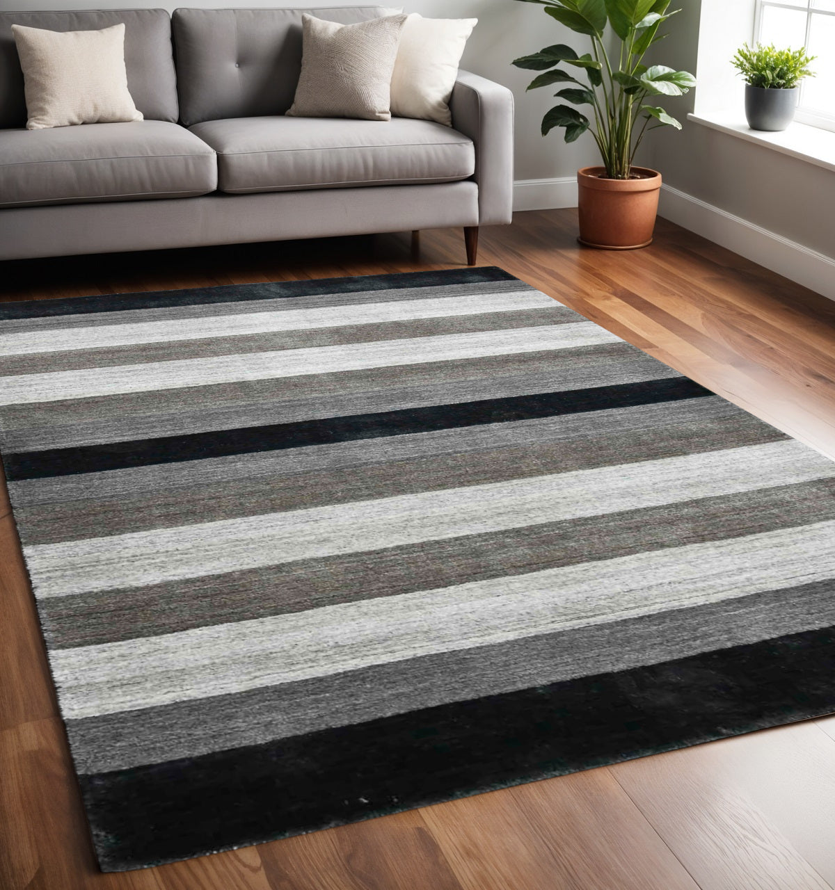 5 X 8 Black And Gray Wool Striped Hand Woven Area Rug