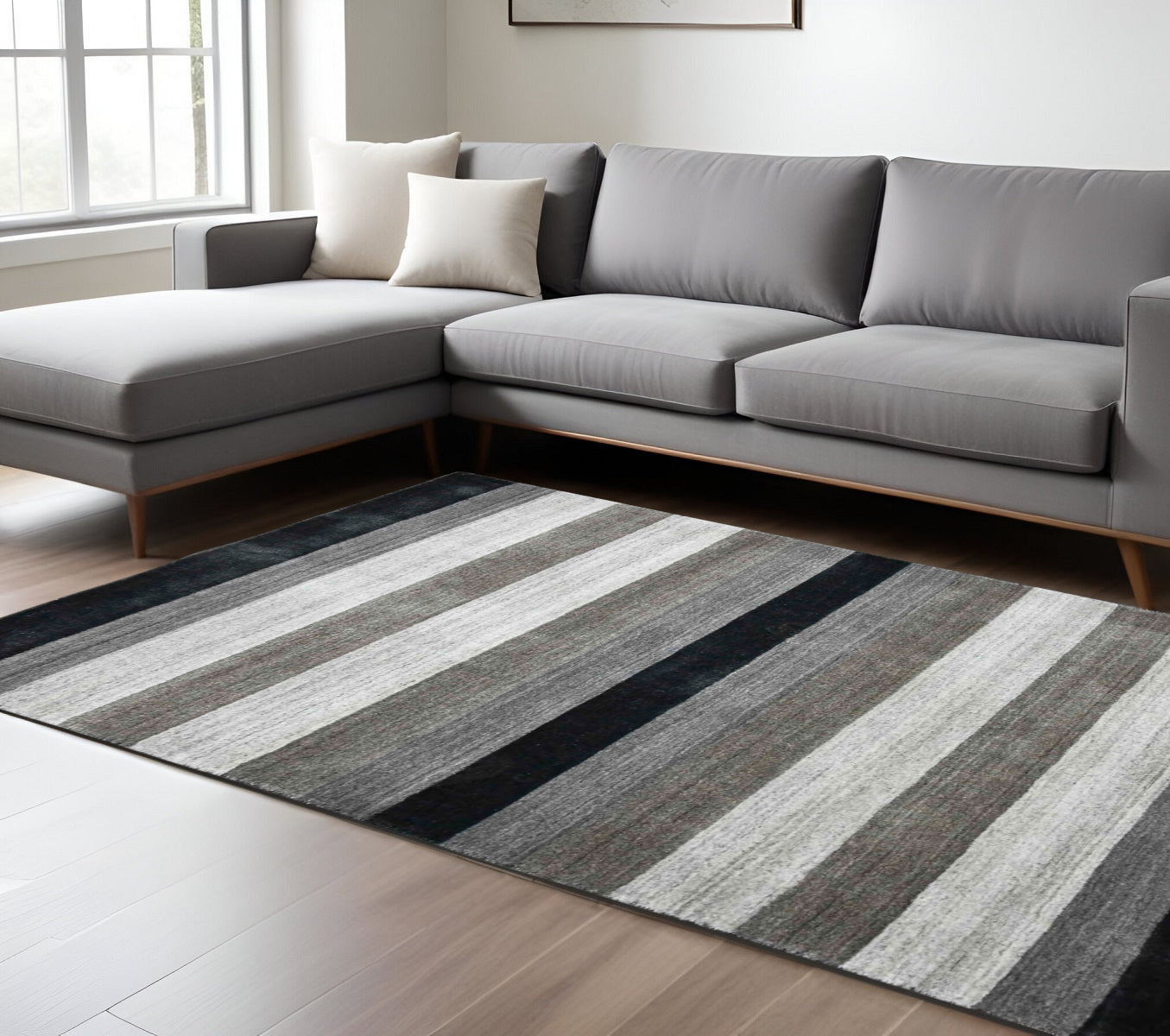 9 X 12 Black And Gray Wool Striped Hand Woven Area Rug