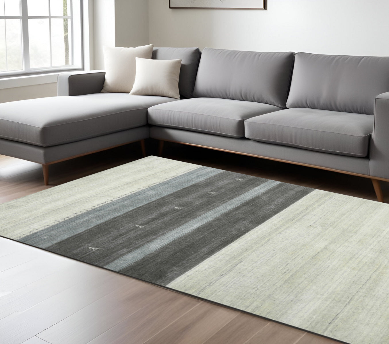 10 X 14 Ivory Gray And Green Wool Striped Hand Woven Area Rug