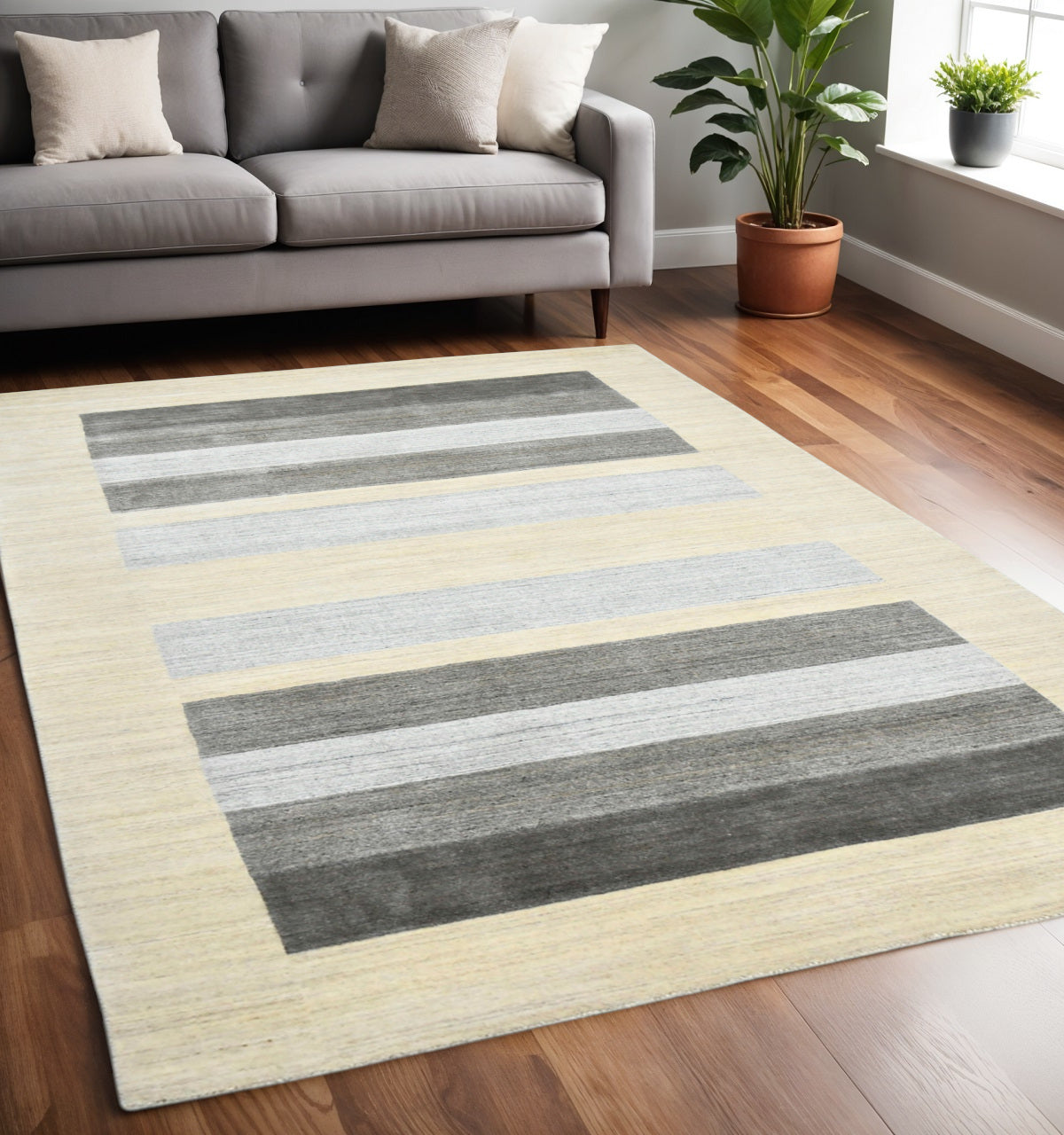 5 X 8 Ivory And Gray Wool Striped Hand Woven Area Rug