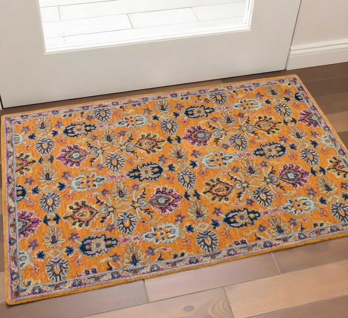 2 X 3 Orange Purple And Blue Wool Floral Hand Tufted Area Rug