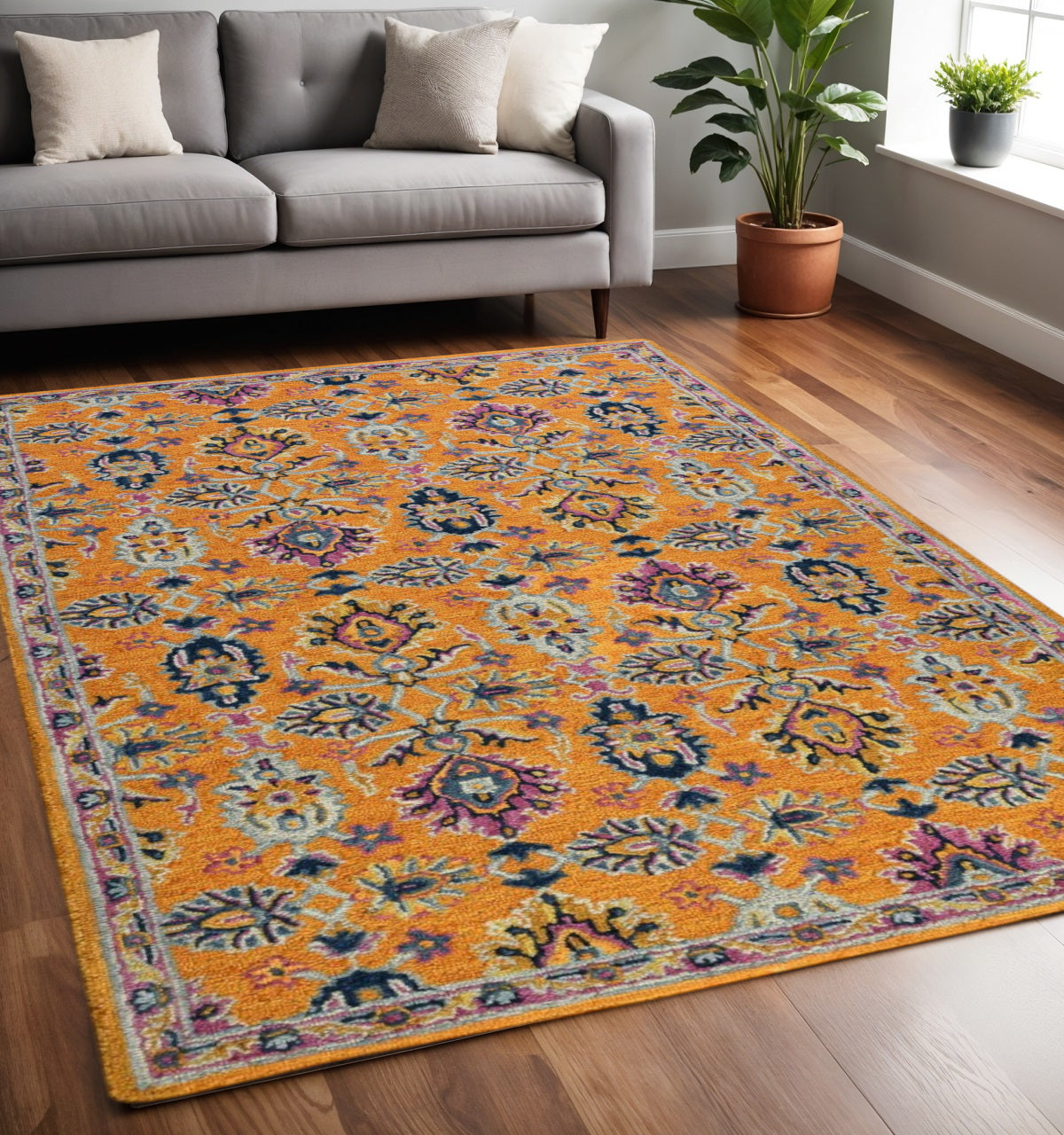 5 X 8 Orange Purple And Blue Wool Floral Hand Tufted Area Rug