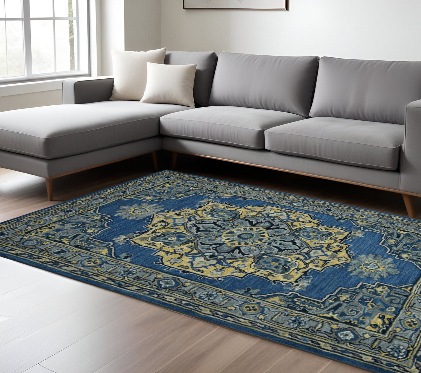 8 X 10 Teal And Gray Wool Medallion Hand Tufted Area Rug