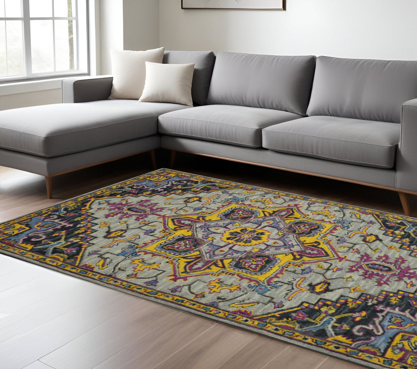 8 X 10 Gray Purple And Gold Wool Medallion Hand Tufted Area Rug