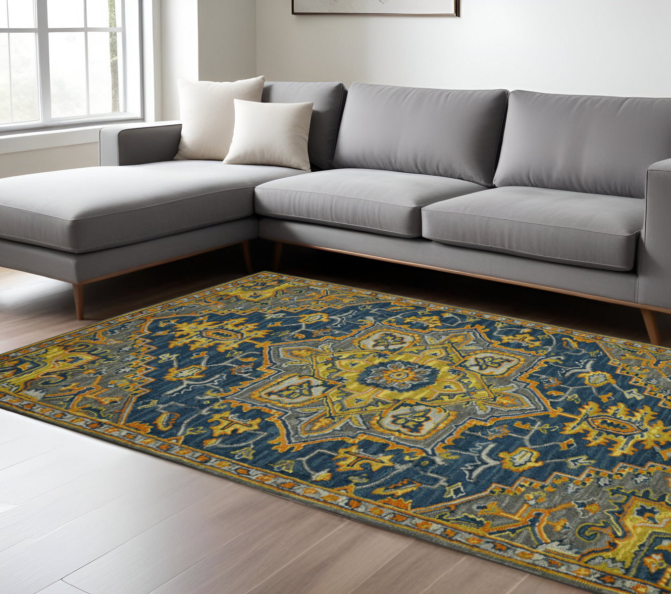 8 X 10 Blue Gray And Orange Wool Medallion Hand Tufted Area Rug
