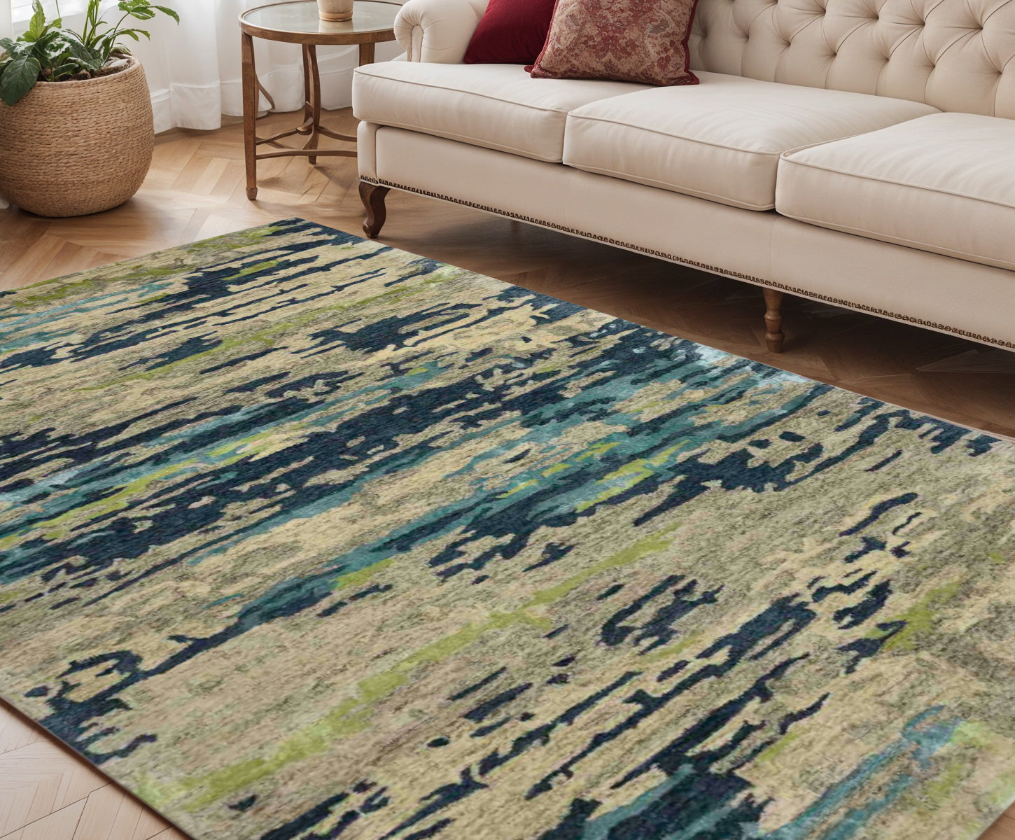 5 X 8 Sand And Green Wool Abstract Hand Tufted Area Rug