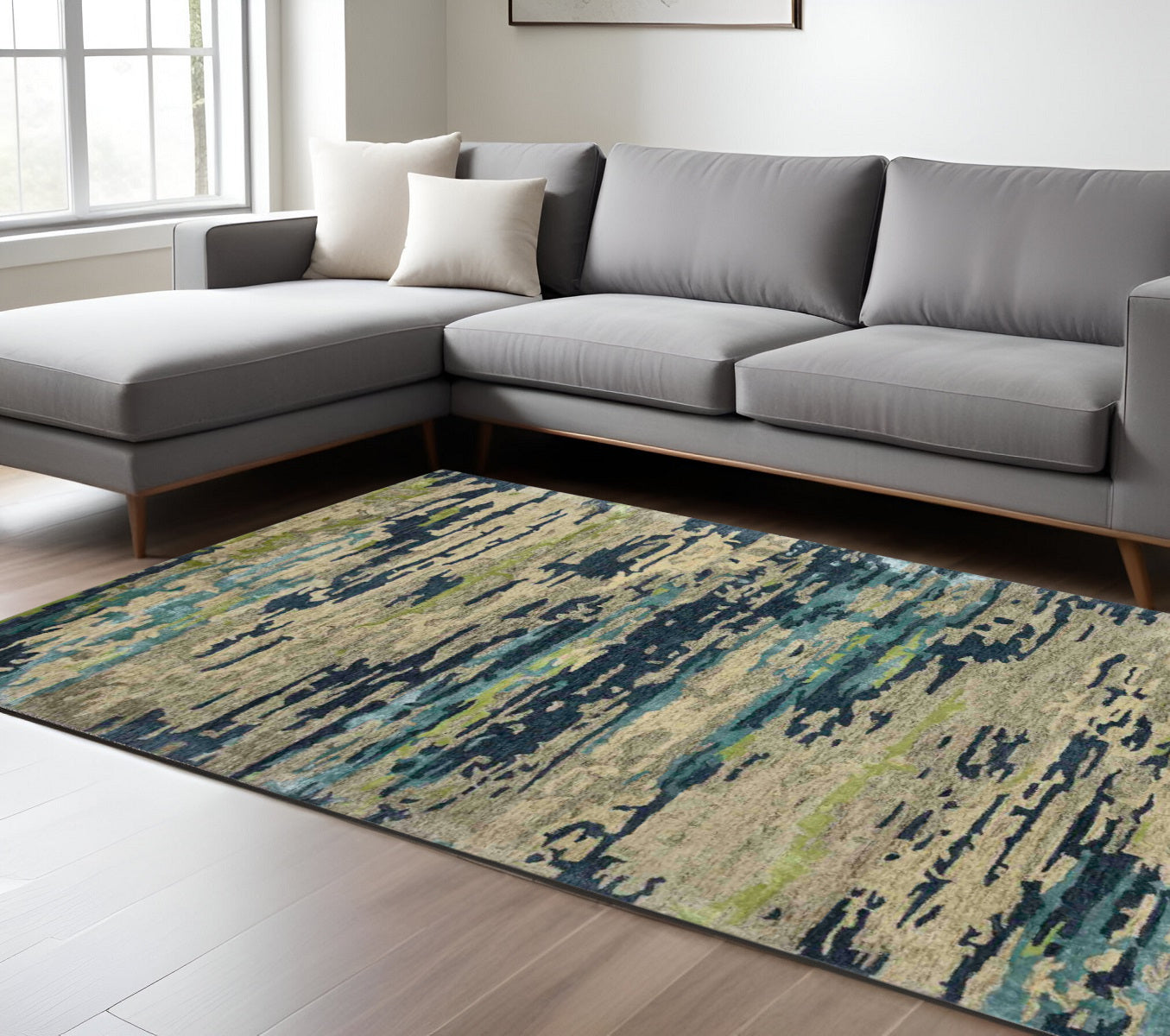 8 X 10 Sand And Green Wool Abstract Hand Tufted Area Rug