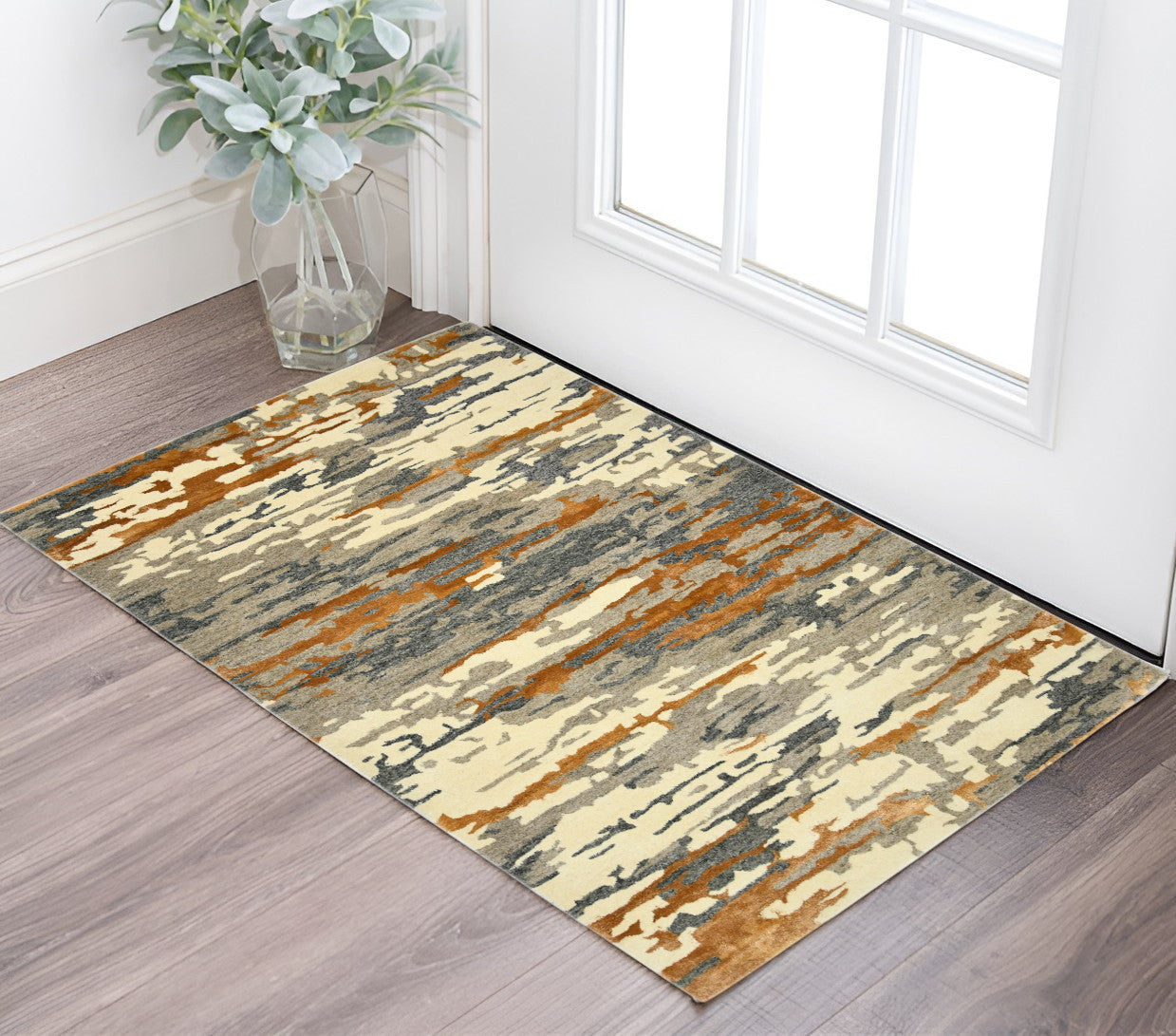 2 X 3 Orange Ivory And Green Wool Abstract Hand Tufted Area Rug