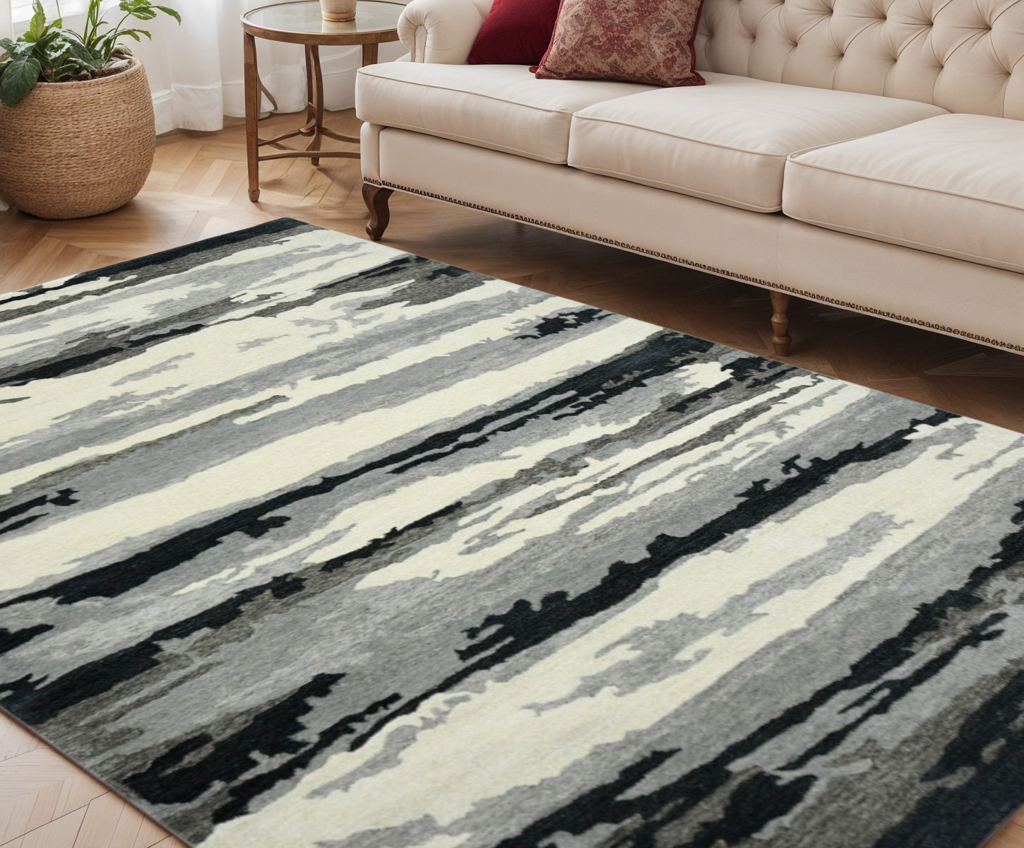 5 X 8 Dark Gray Black And Ivory Wool Abstract Hand Tufted Area Rug